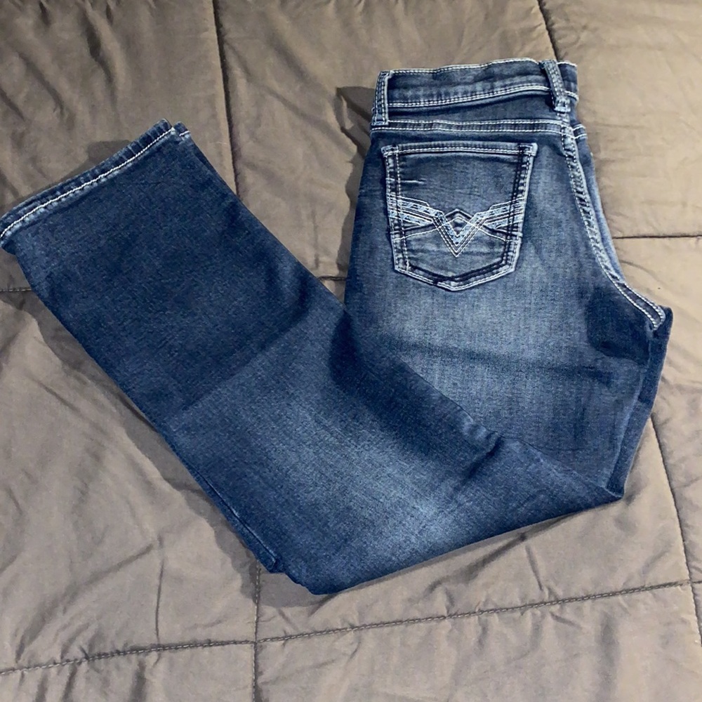 Blue straight leg buckle denim jeans